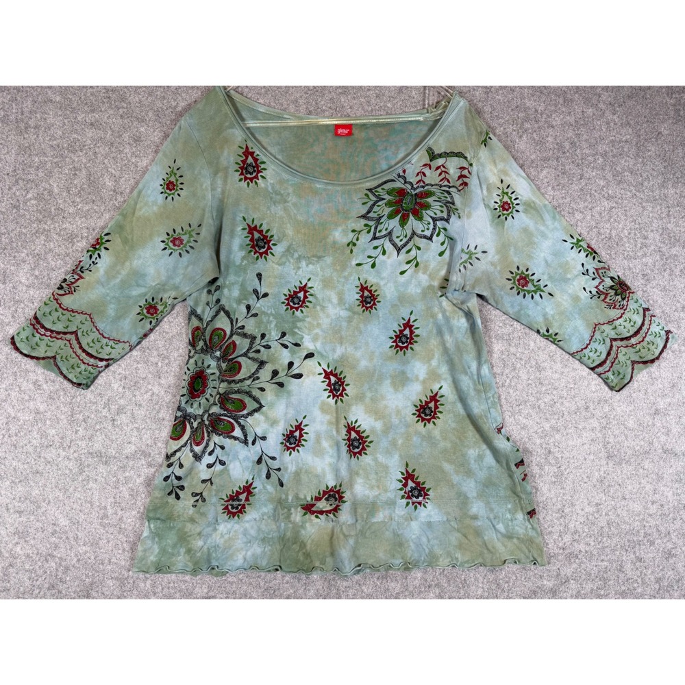 Glima Woman Top Women 1X Green Good Vintage Tie Dye Floral 3/4 Sleeve Cotton